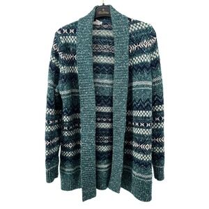 LL Bean Womens Teal Fair Isle Open Front Cardigan Sweater Cotton Blend Small S